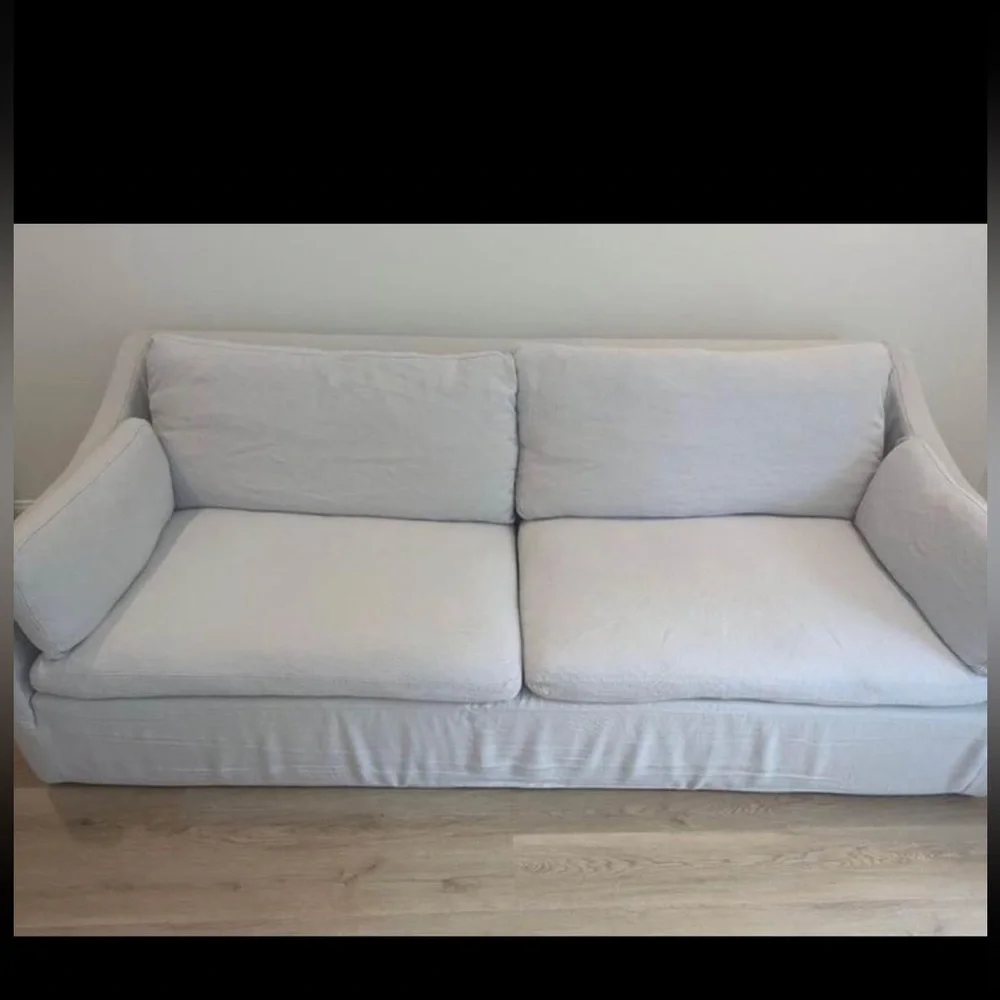 Restoration Hardware Belgian slope arm 8’ luxe couch slipcovers in color mist
